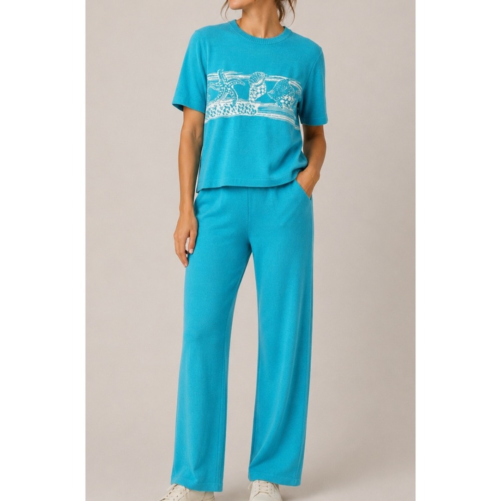 NEW‎ St. John Collection Knit Set Top & Pant Turquoise White Nautical Beach S/6
